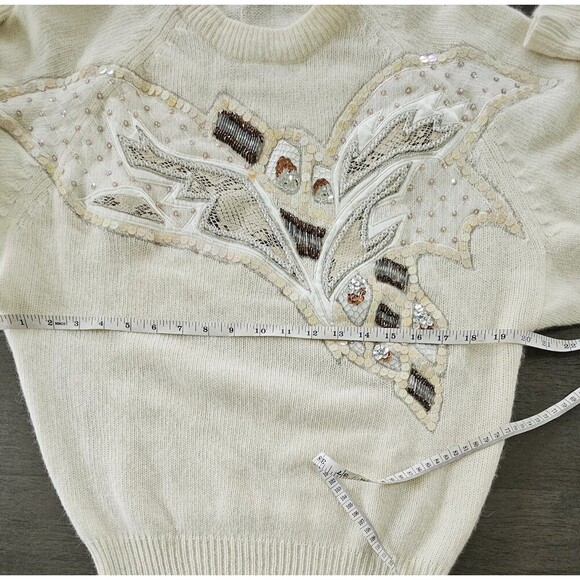 Vtg 80s Off White Knit Angora Lambswool Beaded Applique Sweater M Dolman Sleeve - Picture 4 of 12